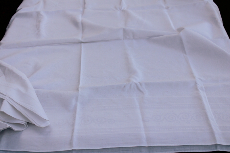 photo of vintage white linen damask tablecloth, formal dinner table size, pure flax linen fabric  #1