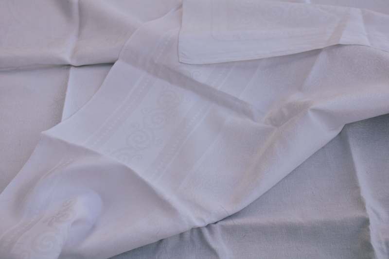 photo of vintage white linen damask tablecloth, formal dinner table size, pure flax linen fabric  #2