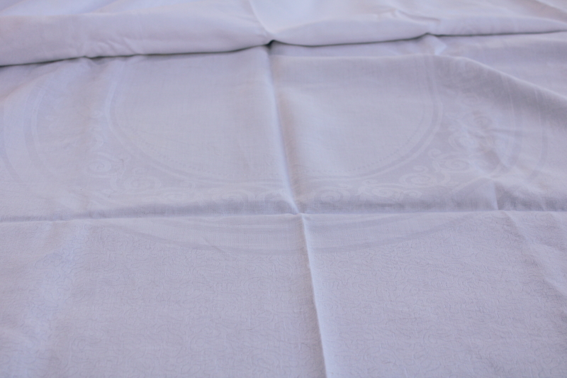 photo of vintage white linen damask tablecloth, formal dinner table size, pure flax linen fabric  #7