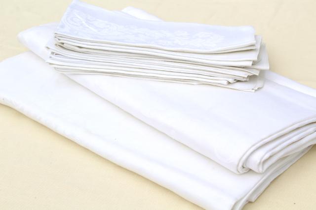 photo of vintage white linen damask tablecloths & napkins, including one banquet tablecloth #7