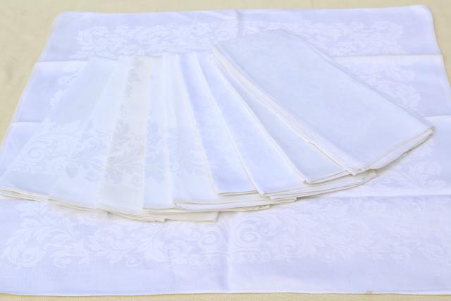 photo of vintage white linen damask tablecloths & napkins, including one banquet tablecloth #8