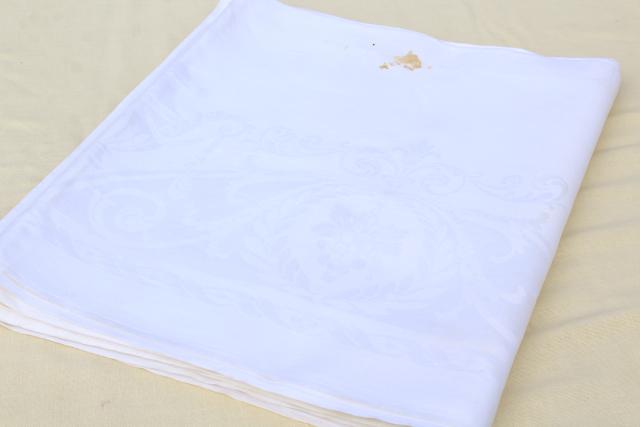 photo of vintage white linen damask tablecloths & napkins, including one banquet tablecloth #12