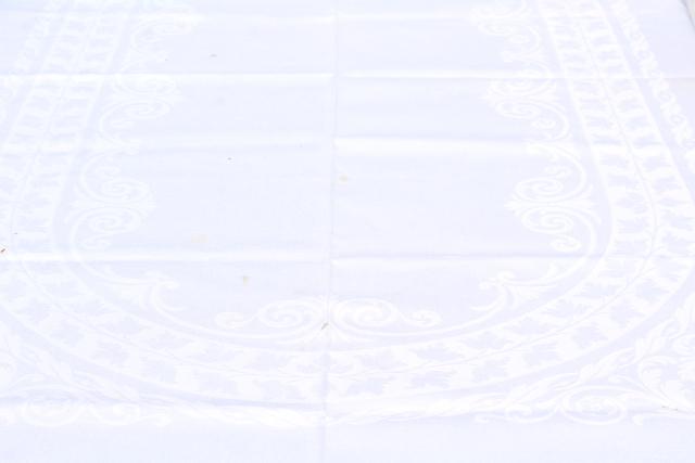 photo of vintage white linen damask tablecloths & napkins, including one banquet tablecloth #13