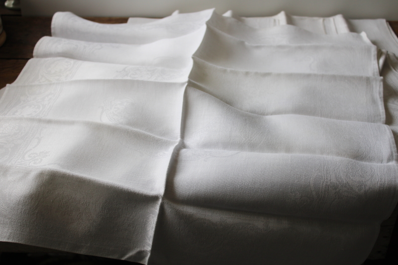 photo of vintage white linen double damask dinner napkins set of 8, large pure linen cloth napkins  #5