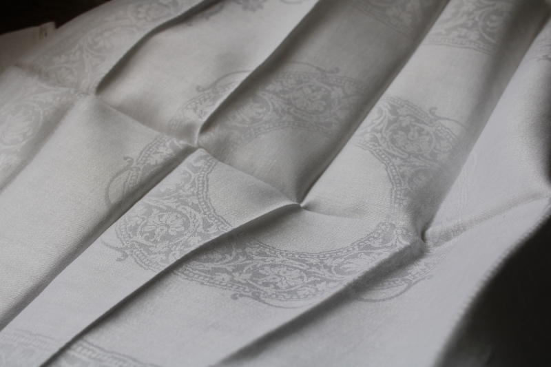 photo of vintage white linen double damask dinner napkins set of 8, large pure linen cloth napkins  #7