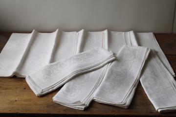 catalog photo of vintage white linen double damask dinner napkins set of 8, large pure linen cloth napkins 