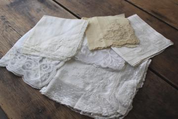 catalog photo of vintage white linen hankies w/ Madeira embroidery fancywork lace edging