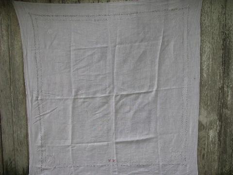 photo of vintage white linen tablecloths w/ drawn thread, antique redwork monogram #2