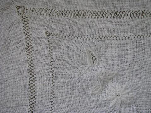 photo of vintage white linen tablecloths w/ drawn thread, antique redwork monogram #3