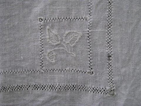 photo of vintage white linen tablecloths w/ drawn thread, antique redwork monogram #4