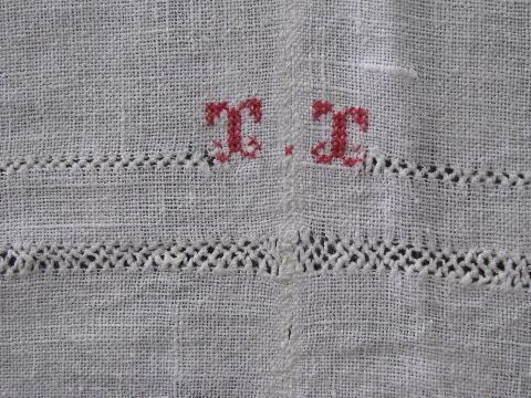 photo of vintage white linen tablecloths w/ drawn thread, antique redwork monogram #5