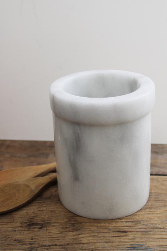 photo of vintage white marble spoon holder, heavy crock jar for utensils or kitchen storage #1
