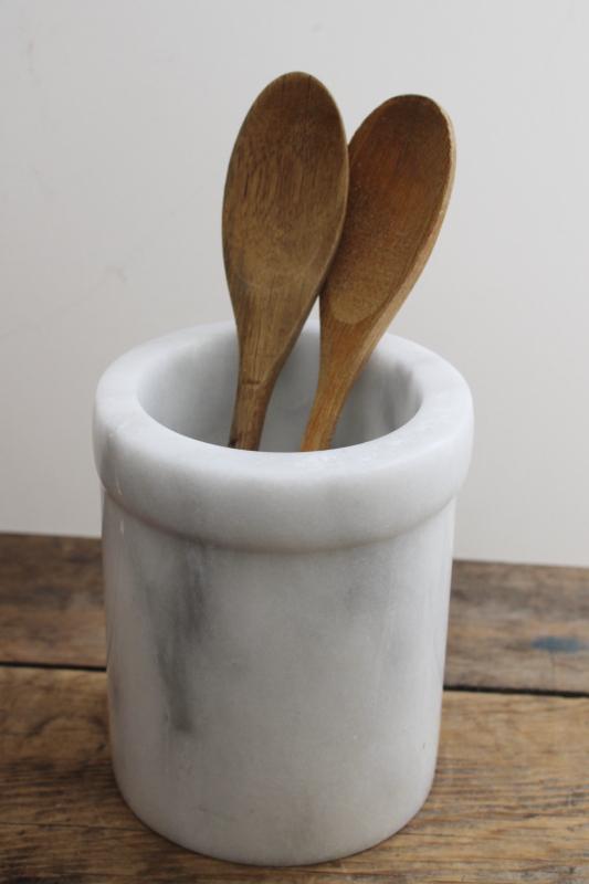 photo of vintage white marble spoon holder, heavy crock jar for utensils or kitchen storage #2