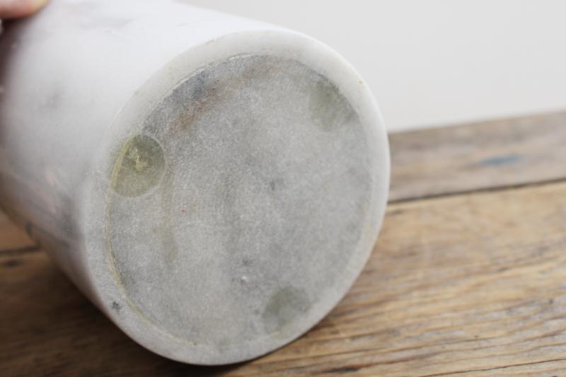 photo of vintage white marble spoon holder, heavy crock jar for utensils or kitchen storage #4