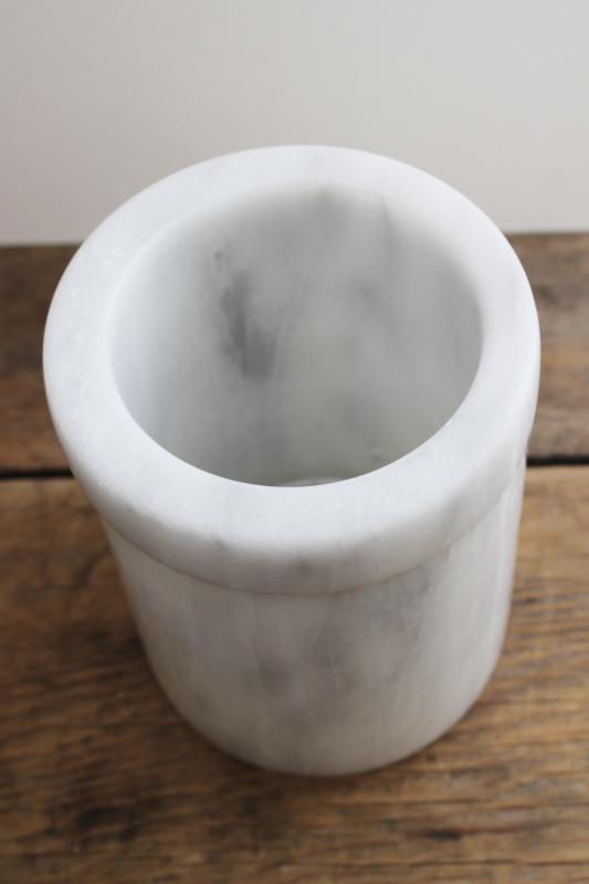 photo of vintage white marble spoon holder, heavy crock jar for utensils or kitchen storage #5
