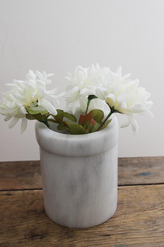 photo of vintage white marble spoon holder, heavy crock jar for utensils or kitchen storage #6