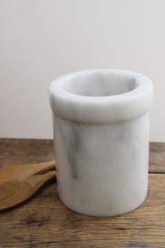 catalog photo of vintage white marble spoon holder, heavy crock jar for utensils or kitchen storage