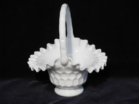 photo of vintage white milk glass brides flower basket, thumbprint pattern #1