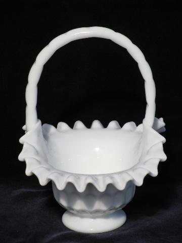 photo of vintage white milk glass brides flower basket, thumbprint pattern #2