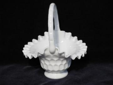 catalog photo of vintage white milk glass brides flower basket, thumbprint pattern