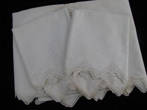 photo of vintage white on white bed linens lot, antique pillowcases / sheets, eyelet & crochet lace #4