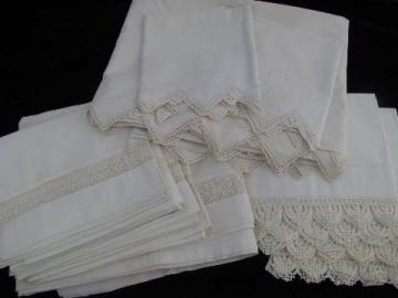 catalog photo of vintage white on white bed linens lot, antique pillowcases / sheets, eyelet & crochet lace