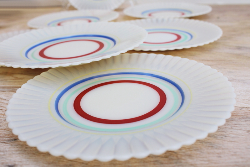 photo of vintage white opalescent depression glass Monax petalware primary band painted plates #3