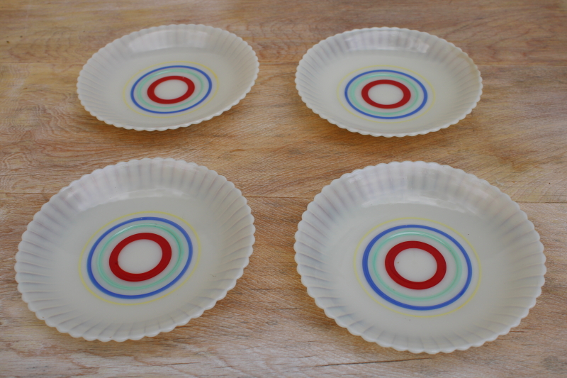 photo of vintage white opalescent depression glass Monax petalware primary band painted saucer plates #1