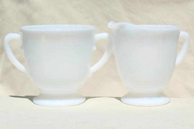 photo of vintage white opalescent milk glass cream & sugar, American Sweetheart Monax depression glass #3