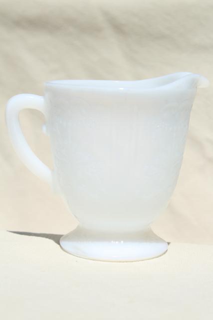 photo of vintage white opalescent milk glass cream & sugar, American Sweetheart Monax depression glass #5