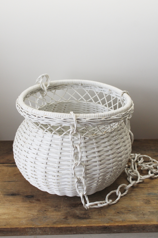 photo of vintage white wicker basket hanging planter, decorative plant holder 70s 80s bohemian cottage core  #1