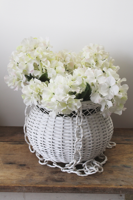 photo of vintage white wicker basket hanging planter, decorative plant holder 70s 80s bohemian cottage core  #2