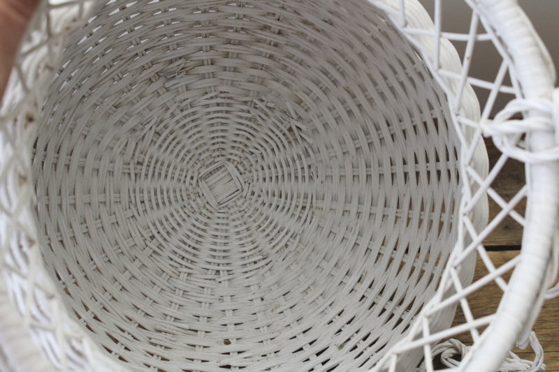 photo of vintage white wicker basket hanging planter, decorative plant holder 70s 80s bohemian cottage core  #5