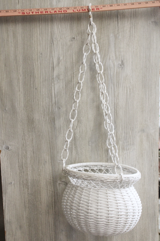 photo of vintage white wicker basket hanging planter, decorative plant holder 70s 80s bohemian cottage core  #7