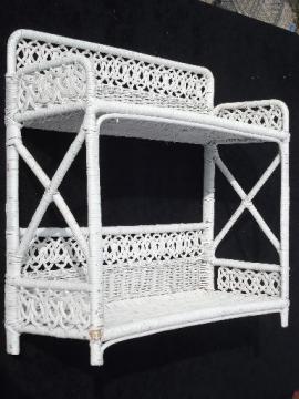 catalog photo of vintage white wicker shelves, wall mount shelf for bed or bathroom