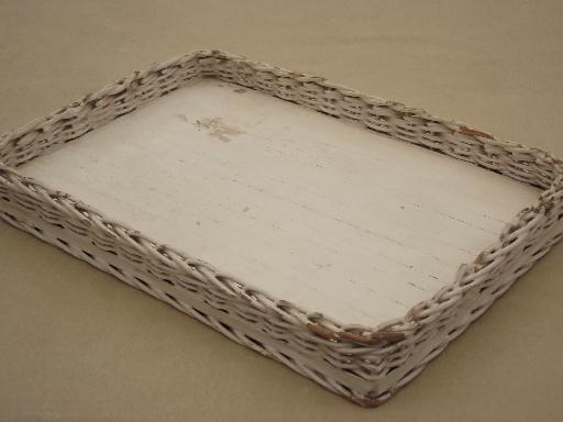 photo of vintage white wicker tray, shabby cottage perfume tray for vanity table #1