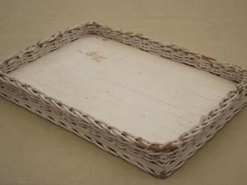 catalog photo of vintage white wicker tray, shabby cottage perfume tray for vanity table