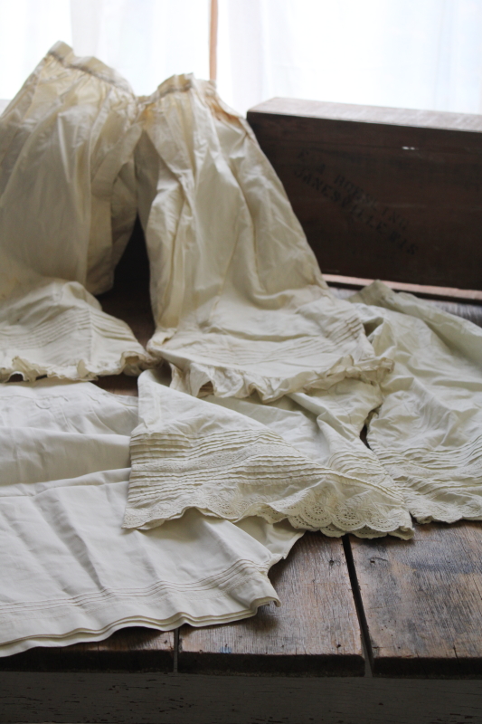 photo of vintage whites, lot shabby antique pantaloons, long white cotton drawers w/ tucks & lace #1