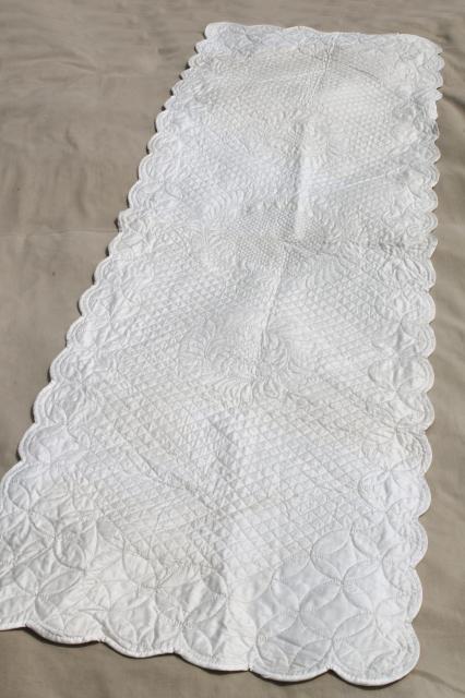 photo of vintage whitework elaborately quilted all white cotton wholecloth table runner #1