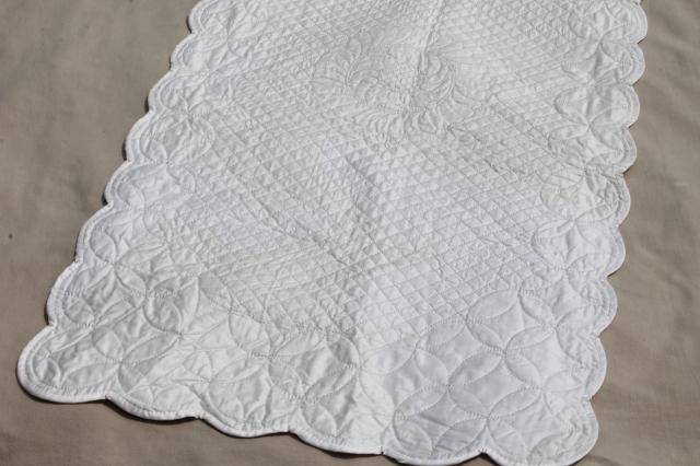 photo of vintage whitework elaborately quilted all white cotton wholecloth table runner #2