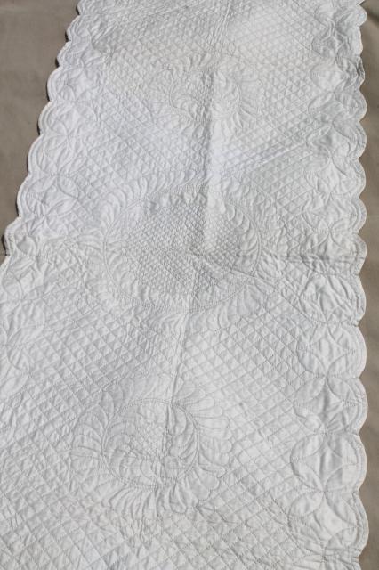 photo of vintage whitework elaborately quilted all white cotton wholecloth table runner #3