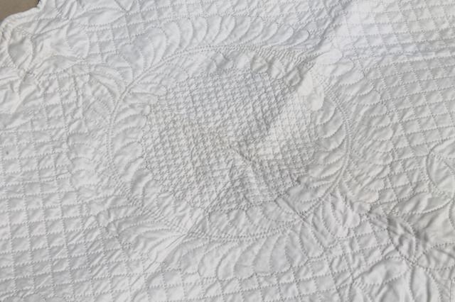 photo of vintage whitework elaborately quilted all white cotton wholecloth table runner #4