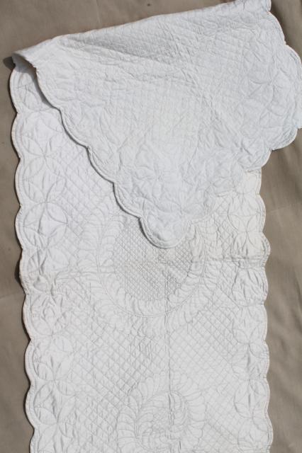 photo of vintage whitework elaborately quilted all white cotton wholecloth table runner #8