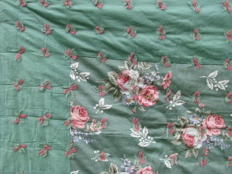 photo of vintage whole cloth quilt comforter, jade green cotton floral print fabric #2