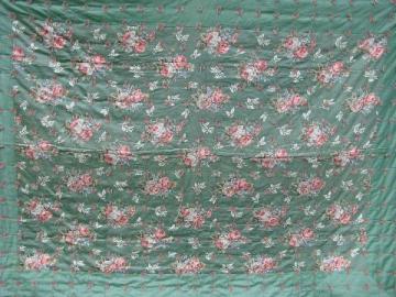 catalog photo of vintage whole cloth quilt comforter, jade green cotton floral print fabric