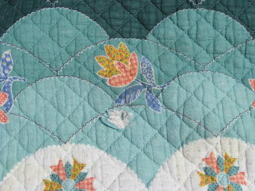 photo of vintage whole cloth quilted cotton bedspread, scallop border album quilt print #6