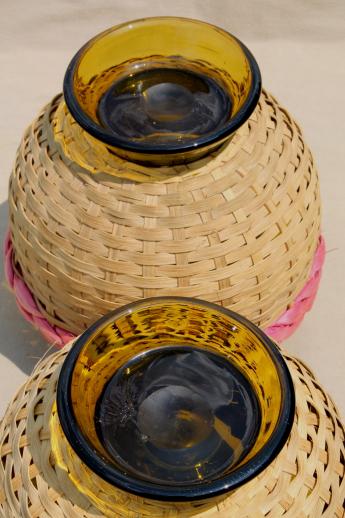 photo of vintage wicker basket bottles, hand blown glass wine bottle jugs & glass bowls #9