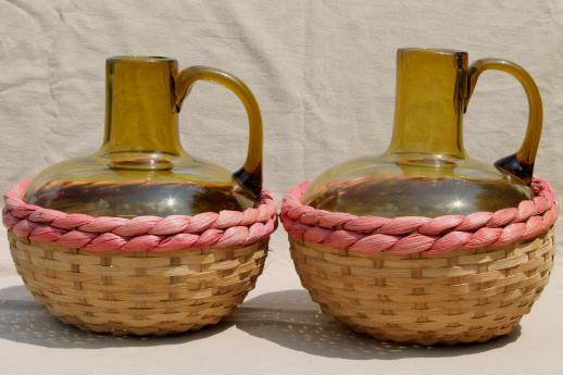 photo of vintage wicker basket bottles, hand blown glass wine bottle jugs & glass bowls #10