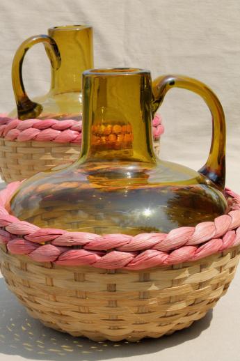photo of vintage wicker basket bottles, hand blown glass wine bottle jugs & glass bowls #11
