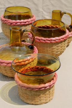 catalog photo of vintage wicker basket bottles, hand blown glass wine bottle jugs & glass bowls